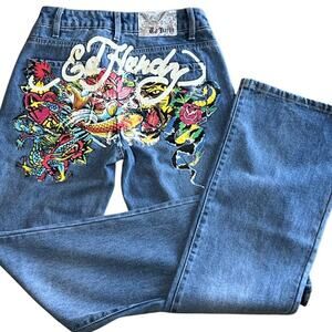 Ed Hardy Women Tattoo Graphic Baggy Jeans Y2K 90'S NEW NWT